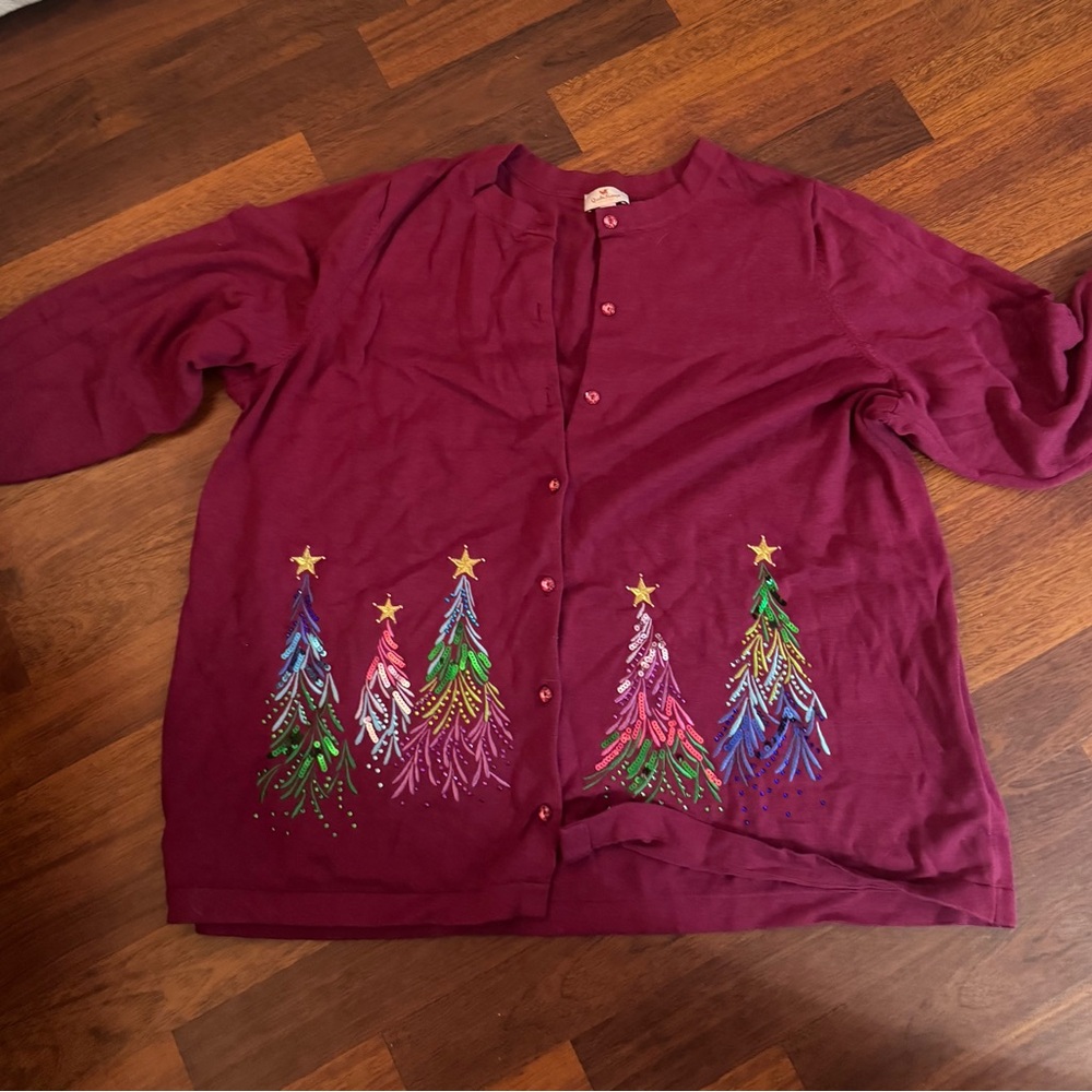Quacker Factory Burgundy Cardigan with Festive Tree Design